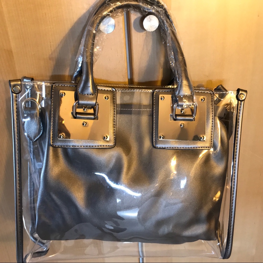 PEWTER AND TRANSPARENT 2-IN-1 SATCHEL TOTE HANDBAG